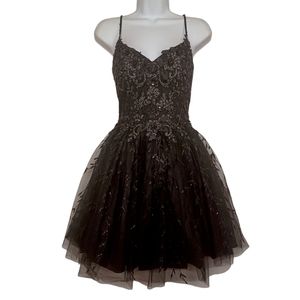 DANCING QUEEN Black Floral Crystal Beaded Sleeveless Tutu Fit Flare Party Dress
